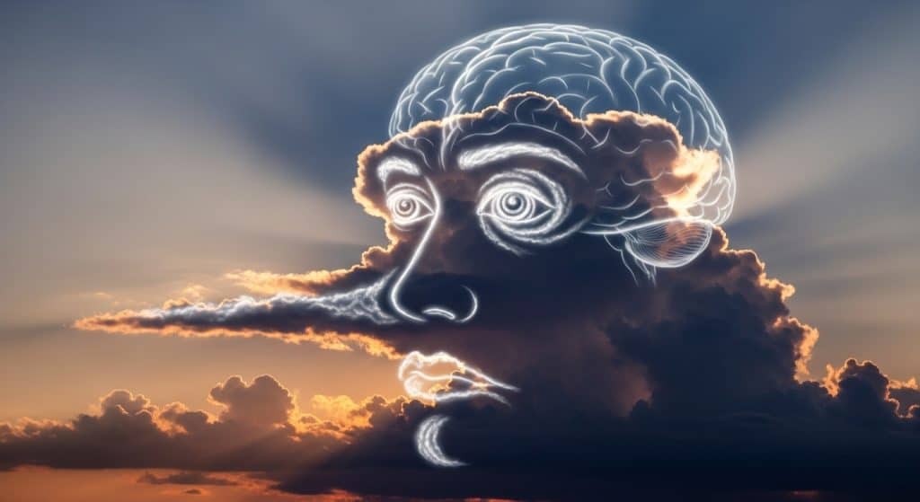 구름 속에 형성된 거대한 뇌와 얼굴 형상 파레이돌리아 심리 현상을 극적인 일몰 하늘 배경으로 표현한 초현실 사진