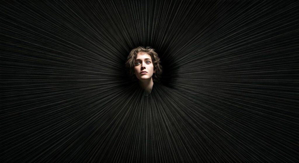 방사형 속도선 배경의 여성 얼굴 클로즈업 강렬한 시선과 극적인 조명으로 내면 세계를 탐구하는 심리 예술 이미지