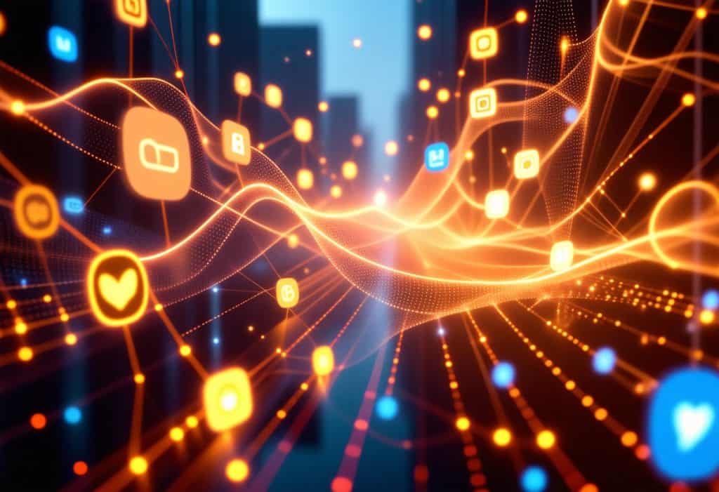 다양한 소셜 미디어 및 통신 아이콘을 연결하는 빛나는 주황색과 파란색 흐르는 선이 있는 추상 디지털 네트워크 시각화, 상호 연결된 디지털 통신 시스템을 표현