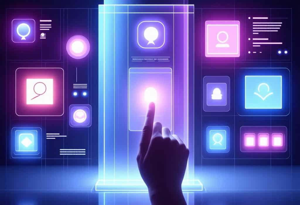 손가락이 빛나는 홀로그램 인터페이스를 터치하며 디지털 시스템을 조작하는 장면