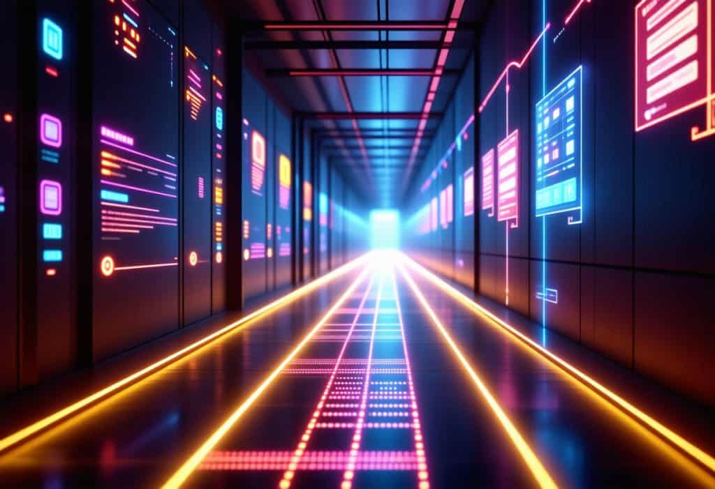 네온빛 그래픽이 가득한 긴 데이터 통로가 밝은 빛으로 이어지는 사이버 공간
