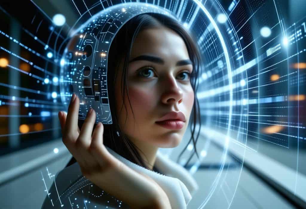 미래형 디지털 헬멧을 착용한 여성이 빛과 데이터 흐름 속에서 생각에 잠겨 있는 모습