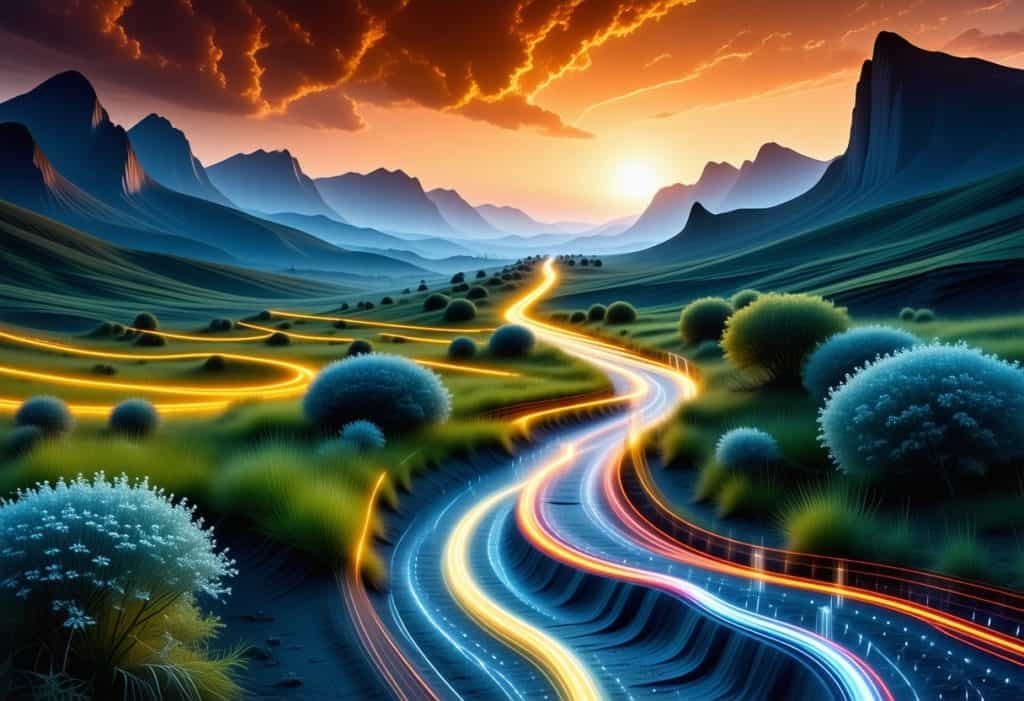 극적인 주황색 석양 하늘 아래 먼 산을 향해 구불구불한 녹색 언덕을 통과하는 여러 색상의 조명 경로가 있는 양식화된 풍경