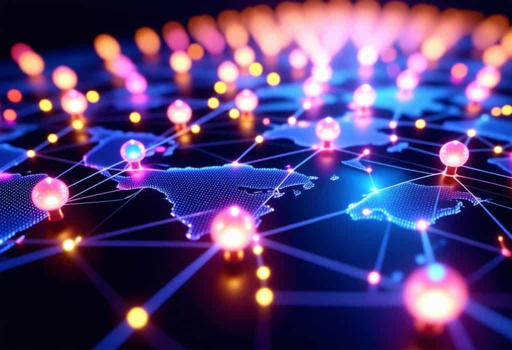 파란색과 주황색 조명의 빛나는 네트워크 연결, 노드 및 데이터 포인트가 있는 디지털 세계 지도 시각화, 대륙 간 글로벌 연결성과 데이터 흐름을 표현