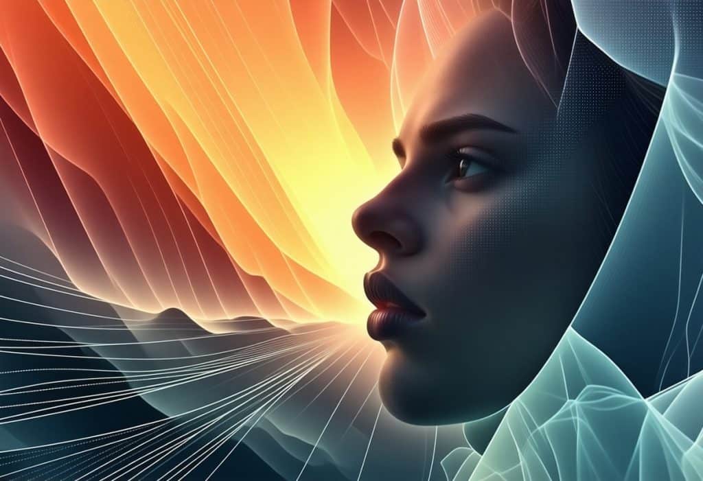 따뜻한 주황색에서 차가운 청록색으로 전환되는 그라데이션 선에서 나타나는 여성 얼굴의 측면 프로필, 뒤에서 발산되는 기하학적 빛 광선, 깨달음이나 디지털 의식을 표현