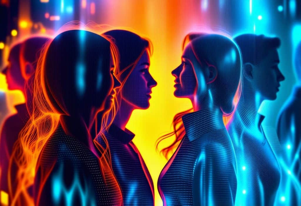 주황색과 파란색 네온 와이어프레임 윤곽선이 있는 연속된 여러 인간 프로필 실루엣, 기술 속 디지털 정체성이나 인간 연결을 상징