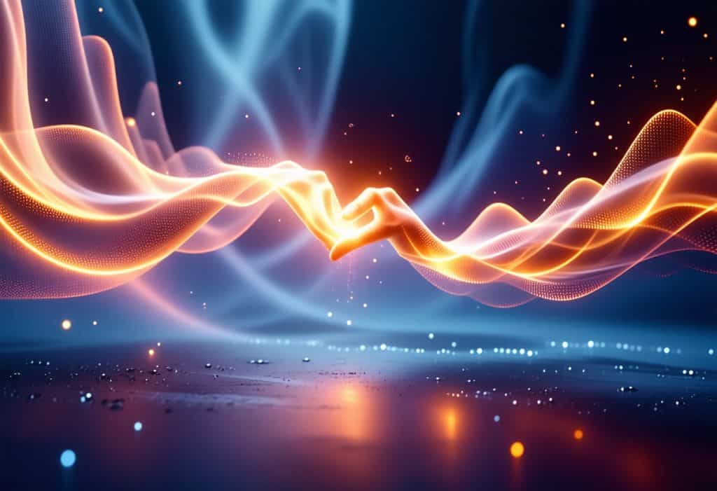 두 개의 빛의 손이 서로 맞닿으며 따뜻한 에너지를 교환하는 장면