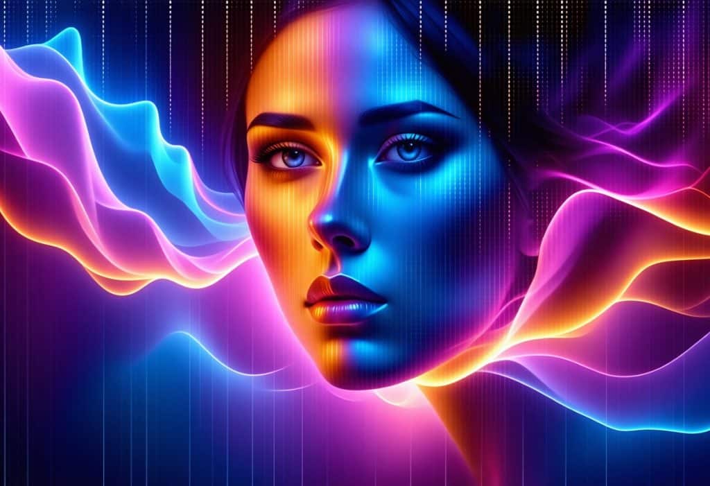 푸른빛과 주황빛이 어우러진 여성의 얼굴이 빛의 흐름 속에서 부드럽게 드러나는 장면
