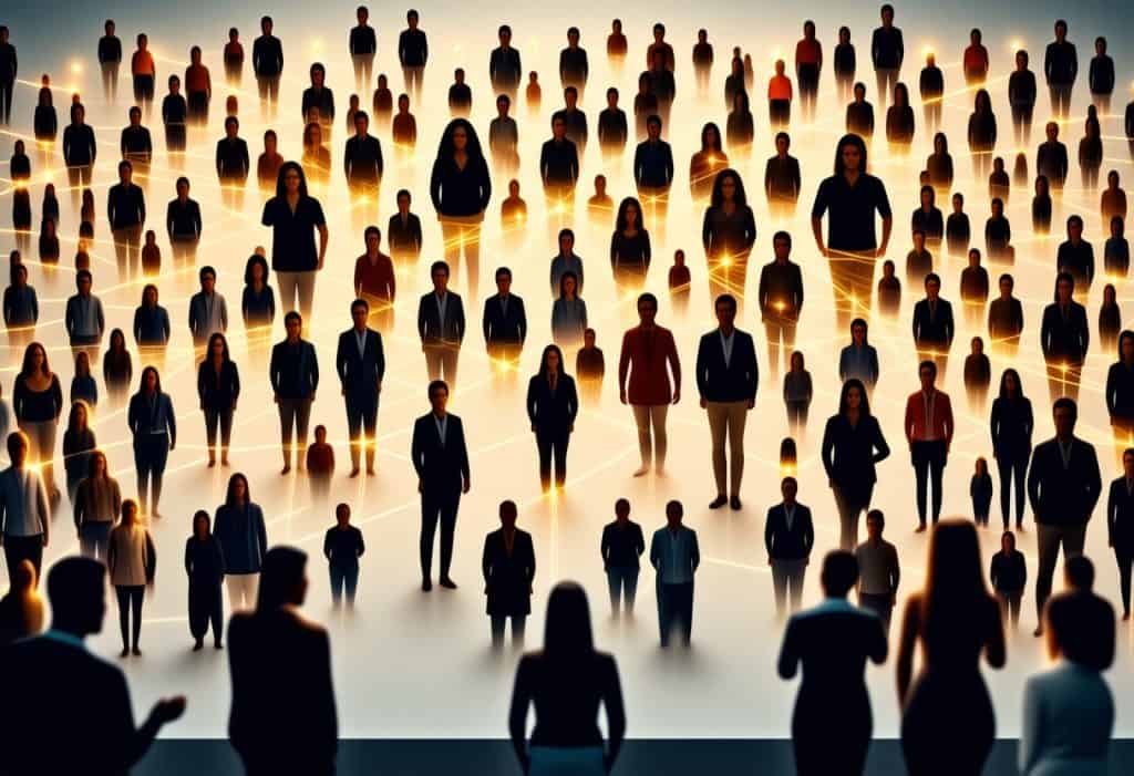 조명이 켜진 바닥에 서 있는 다양한 사람들의 대규모 군중, 아래에서 발산되는 주황색 빛 광선이 극적인 집단 모임 효과를 만들어냄