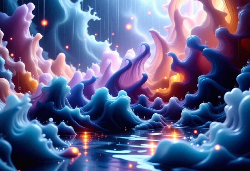 형형색색의 파도 형태로 빛이 흐르는 몽환적인 디지털 추상 공간