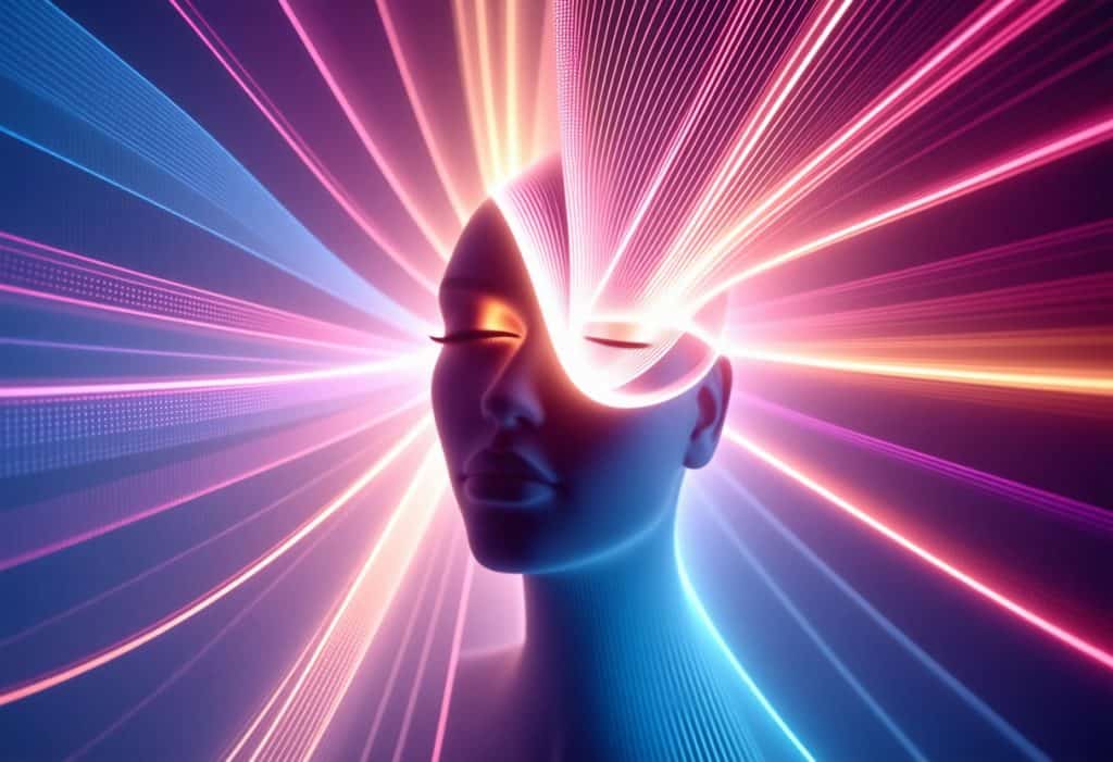 머리에서 폭발하듯 뻗어나가는 핑크와 청색 네온 빛살이 있는 디지털 인간 머리 렌더링