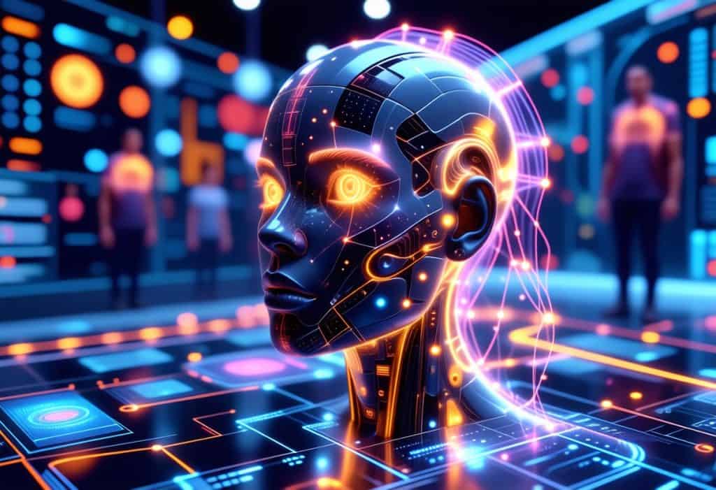 금색 회로 패턴과 빛나는 눈이 있는 미래형 AI 로봇 머리의 프로필