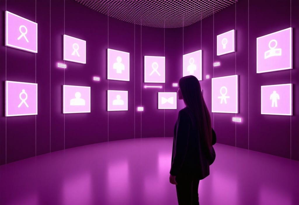 핑크색 네온 조명의 방에 사람 아이콘이 표시된 떠 있는 스크린을 바라보는 여성의 실루엣