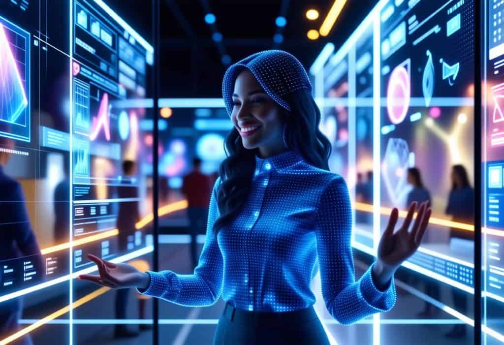 청색 LED 패턴 의상을 입고 투명 디지털 인터페이스와 상호작용하는 미소 짓는 여성