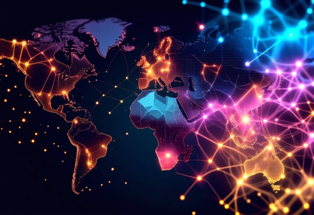 금색, 핑크, 청색 네트워크 연결선으로 표현된 대륙 간 글로벌 연결을 보여주는 세계 지도