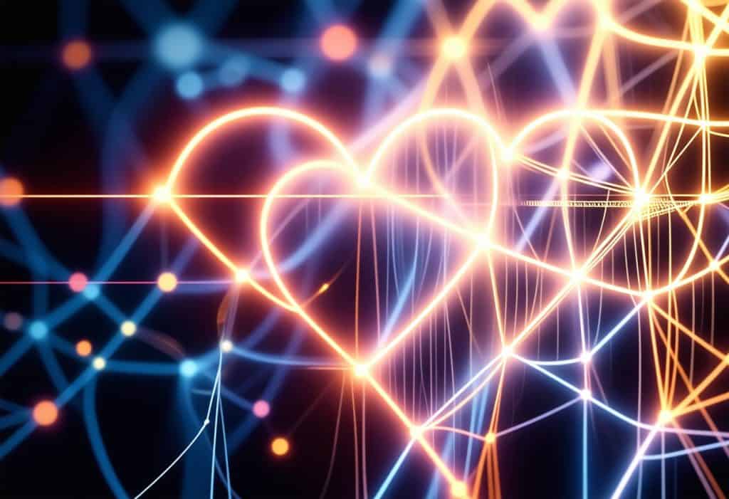 금색과 청색 네온 라인이 교차하며 만드는 복잡한 기하학적 네트워크 패턴