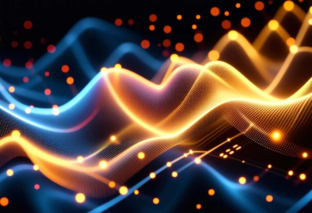 금색과 오렌지색 입자들로 이루어진 유동적인 3D 파동 형태의 디지털 데이터 흐름 시각화