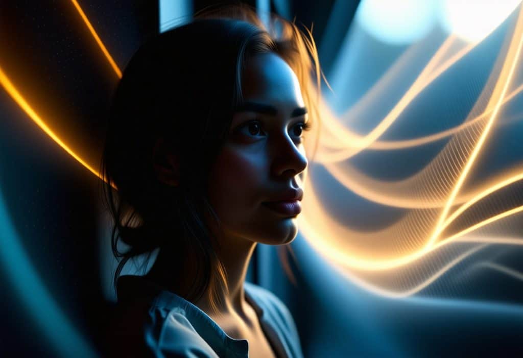 금색과 청록색 빛의 유동적인 웨이브로 둘러싸인 프로필에서 본 여성의 극적인 초상
