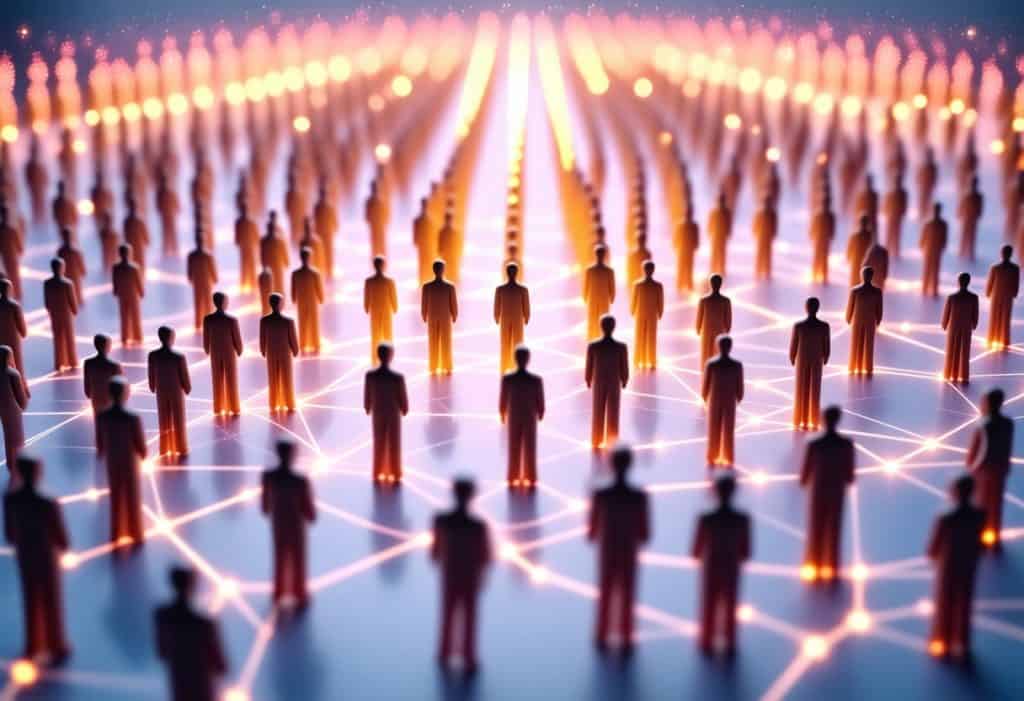 금색과 오렌지색 네트워크 연결선 위에 서 있는 여러 사람의 실루엣으로 표현된 글로벌 연결성과 디지털 네트워크