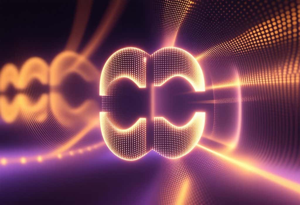 금색과 보라색 입자로 만들어진 서로 연결된 발광하는 3D 체인 링크로 표현된 블록체인 또는 네트워크 연결