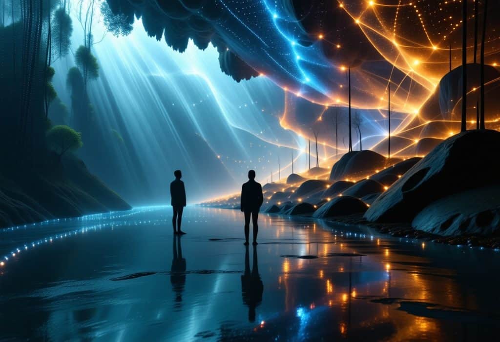 청색과 금색 빛의 초현실적인 풍경 앞에 서 있는 두 사람의 실루엣