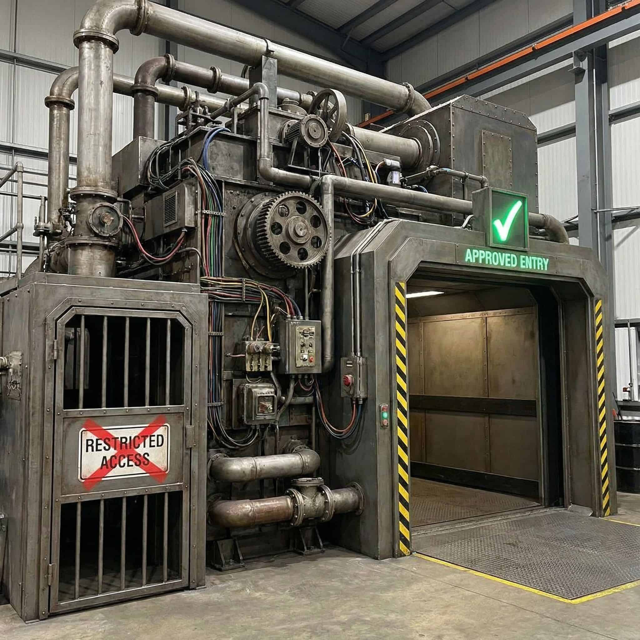 좁은 입구는 빨간 X로 차단되어 있고, 더 넓은 입구는 초록색 체크 표시로 열려 있는 복잡한 기계의 모습이다.