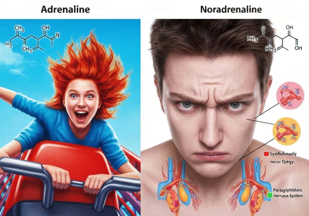 아드레날린 대 노르아드레날린 화학 구조식과 생리 반응 비교 흥분 상태와 스트레스 반응 차이를 보여주는 의학 인포그래픽