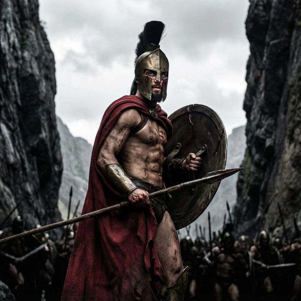 좁은 산길에서 상처투성이의 스파르타 전사가 수많은 적군을 향해 단호하게 버티고 있는 모습이다.