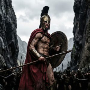 좁은 산길에서 상처투성이의 스파르타 전사가 수많은 적군을 향해 단호하게 버티고 있는 모습이다.