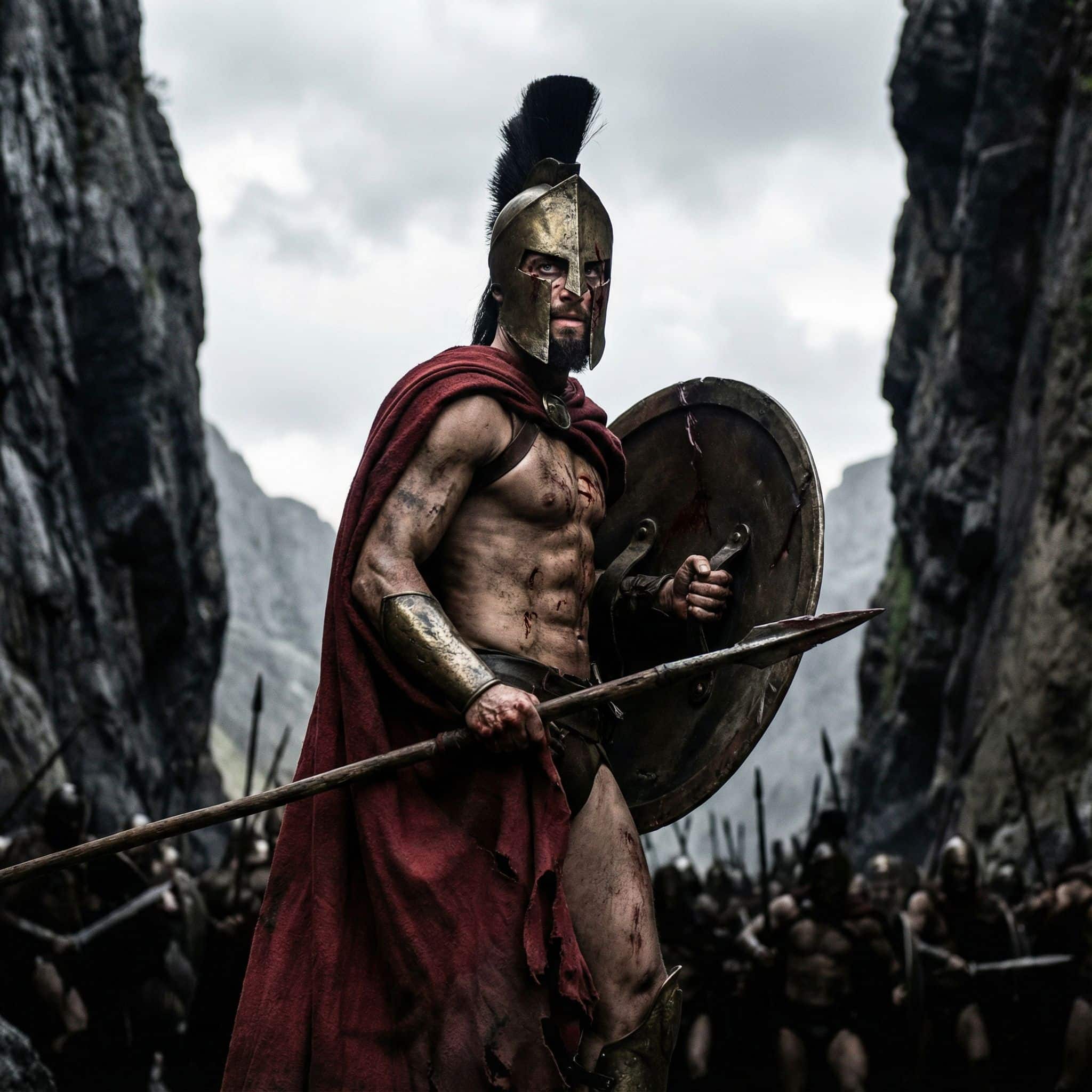 좁은 산길에서 상처투성이의 스파르타 전사가 수많은 적군을 향해 단호하게 버티고 있는 모습이다.