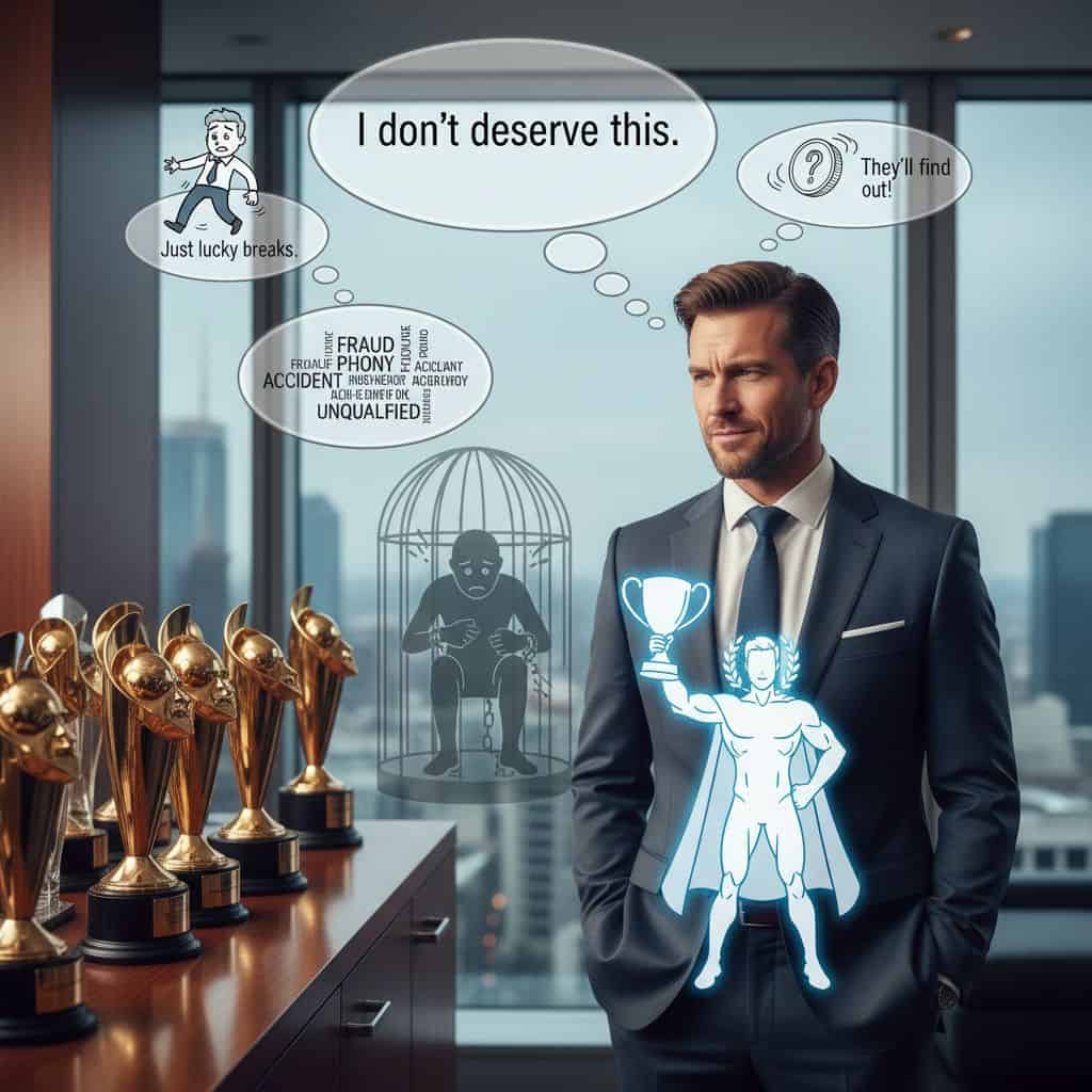 가면 증후군 심리 분석 사업가의 내면 갈등과 자아상 이중성을 금색 트로피 새장 속 그림자로 표현한 컨셉 아트