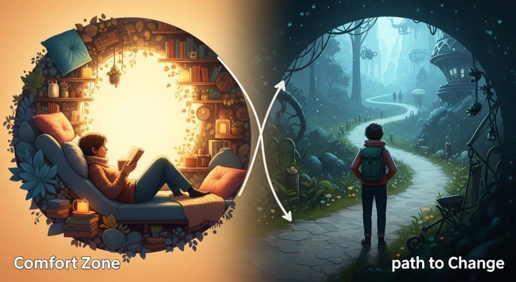 컴포트 존 대 변화의 길 비교 아늑한 독서 공간과 모험적인 여행 길 사이의 선택을 보여주는 양분된 일러스트레이션