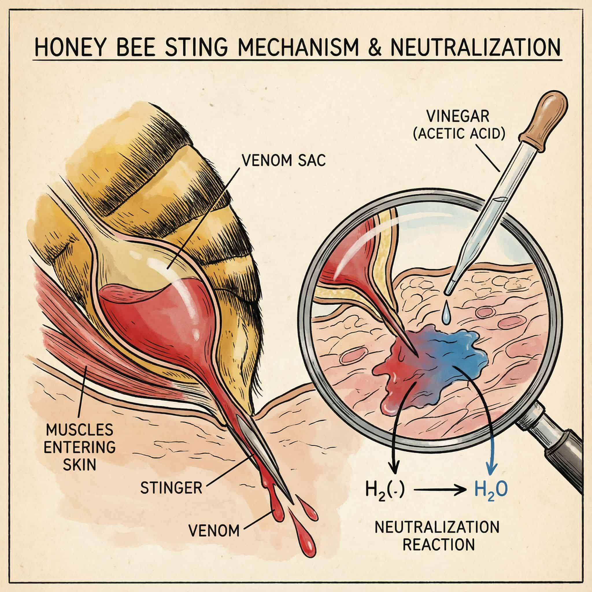 꿀벌의 침이 피부에 주입되는 과정을 보여주고, 바로 옆에 식초가 독을 중화시키는 확대 장면이 배치된 과학 도해입니다.