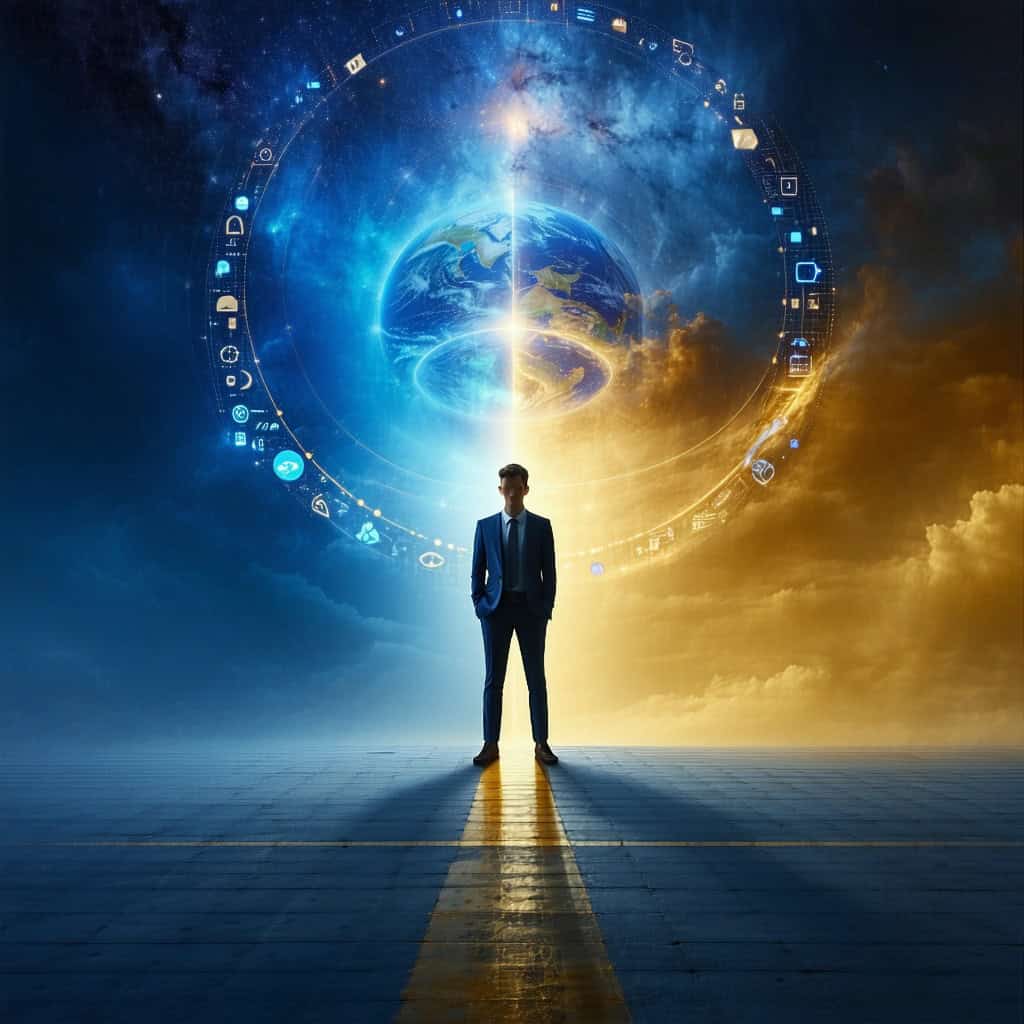디지털 기술 아이콘들이 둘러싼 빛나는 지구를 바라보는 정장 차림 남성의 실루엣
