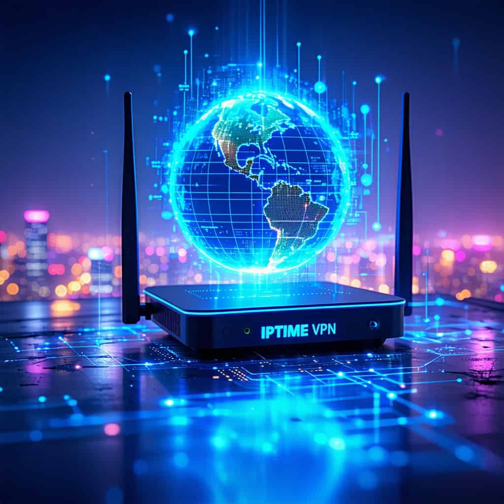 IPTIME VPN'이라고 적힌 라우터 위로 청색 홀로그램 지구본이 떠 있는 네트워크 보안 이미지.