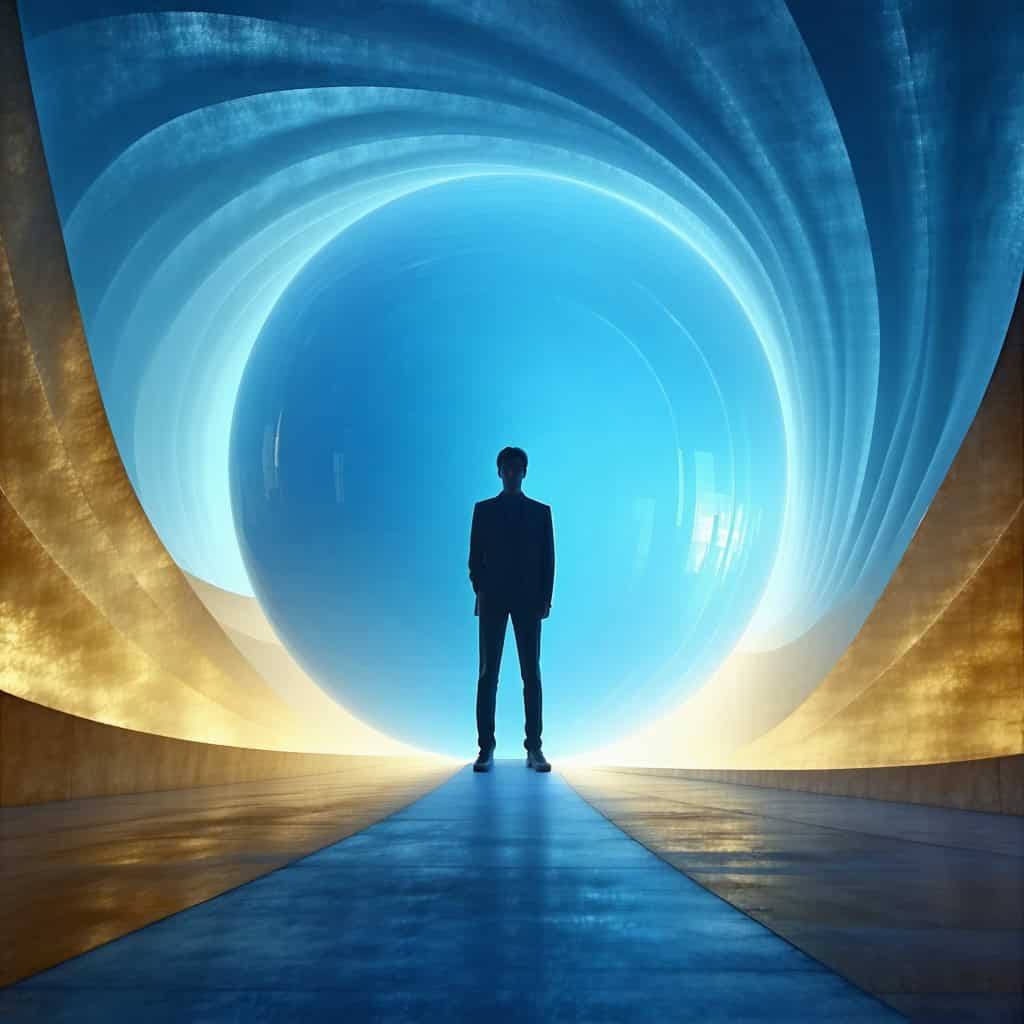 청색과 금색이 어우러진 동심원 터널 속 중앙에 서 있는 남성의 뒷모습