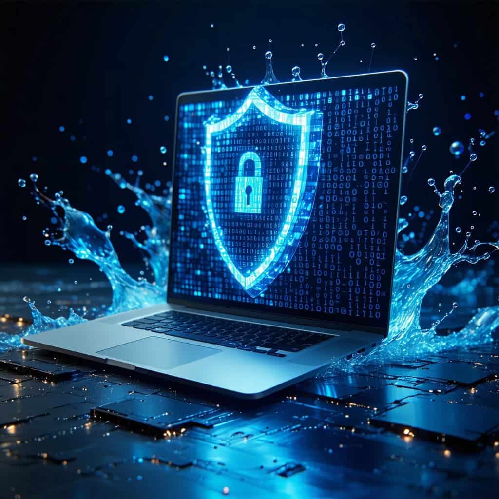 방패와 자물쇠 아이콘이 표시된 노트북 화면 주변으로 청색 물방울이 튀는 사이버 보안 이미지.