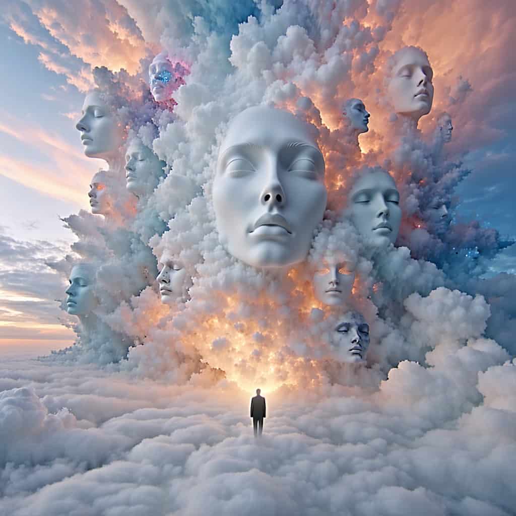 구름 속에 떠 있는 여러 개의 흰색 얼굴 조각상을 바라보며 서 있는 한 사람의 초현실적 장면