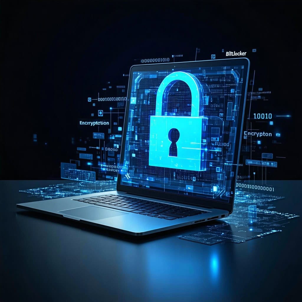노트북 화면에 청색 자물쇠 아이콘이 표시되고 주변에 'BitLocker', 'Encryption' 등 암호화 관련 텍스트와 이진수 코드가 떠 있는 사이버 보안 이미지.