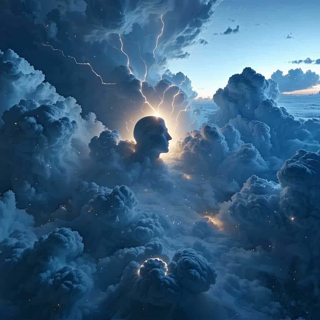 구름 사이에서 번개와 함께 빛나는 사람 머리 형상의 초현실적 하늘 풍경