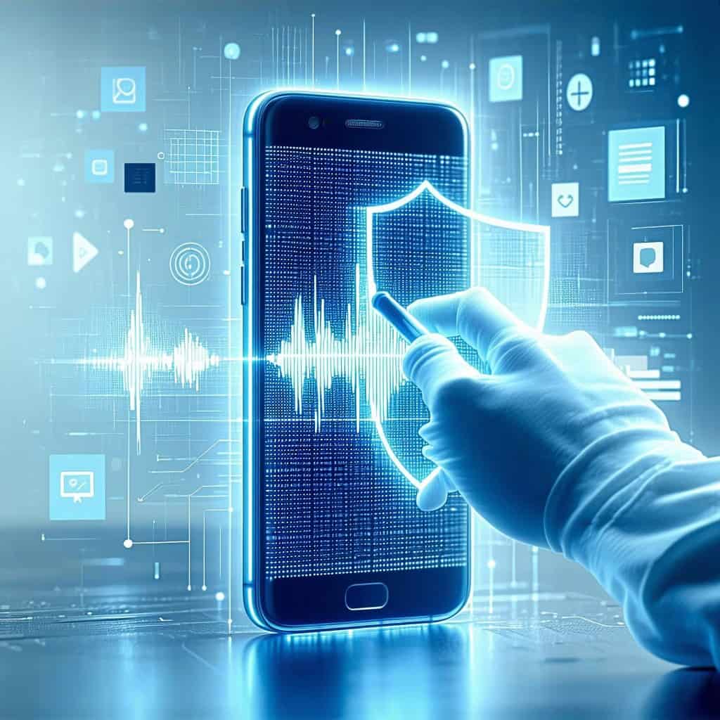 방패 아이콘이 표시된 스마트폰 화면을 손가락으로 터치하는 청색 톤의 모바일 보안 이미지