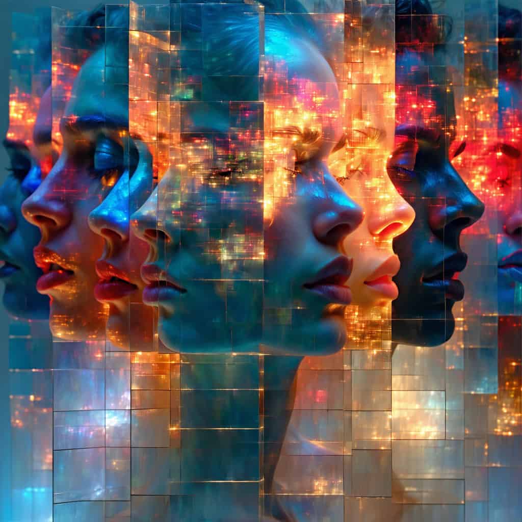 청색과 주황색 조명으로 빛나는 여러 얼굴의 측면 프로필이 겹쳐진 추상적 디지털 아트