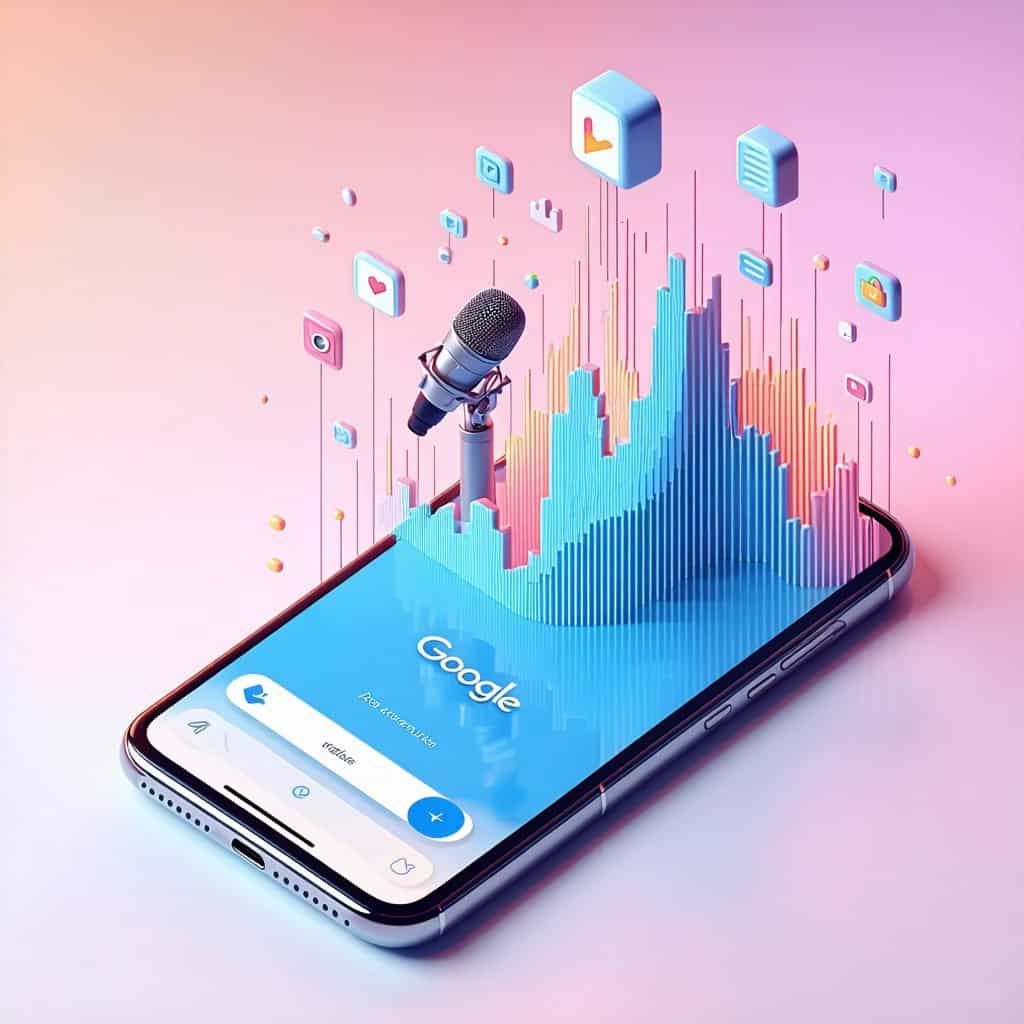 구글 검색 화면이 표시된 스마트폰 위로 마이크와 3D 막대 그래프, 소셜 미디어 아이콘들이 떠오르는 분홍색 배경의 이미지