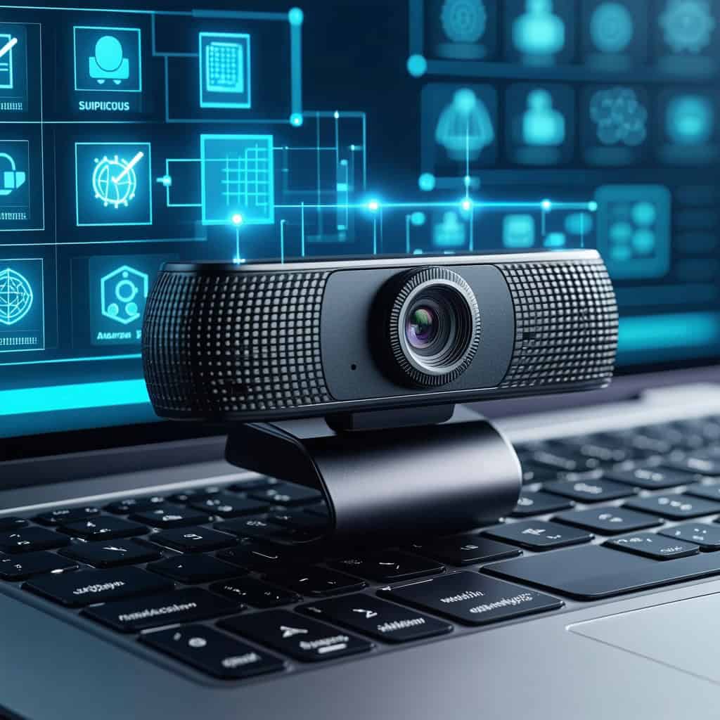 노트북 키보드 위에 놓인 웹캠과 배경의 청색 보안 인터페이스 화면.