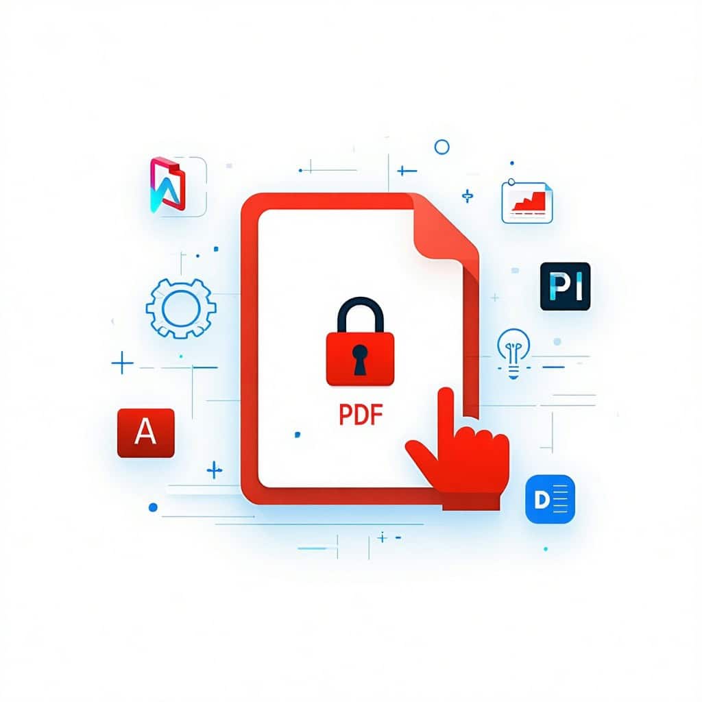 자물쇠가 있는 빨간색 PDF 문서 아이콘을 손가락으로 클릭하는 그래픽과 주변의 다양한 앱 아이콘들