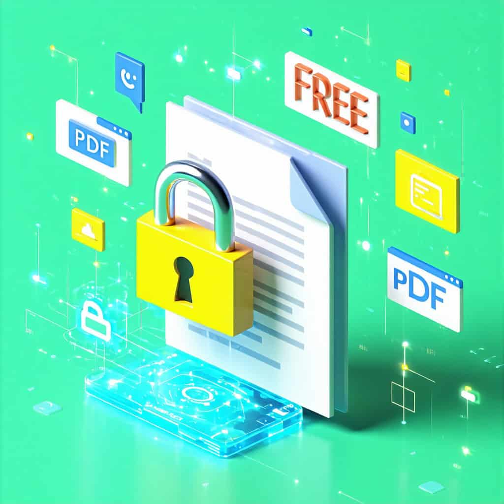 열린 자물쇠가 있는 문서 아이콘과 'FREE', 'PDF' 텍스트가 떠 있는 민트색 배경의 무료 PDF 잠금 해제 그래픽